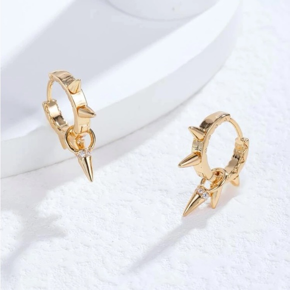 Elegantly Edgy Dainty Gold Dangle Spike Huggie Hoop Earrings - Picture 4 of 8